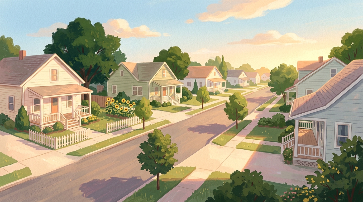 Illustration of a quiet street of modest houses with porches