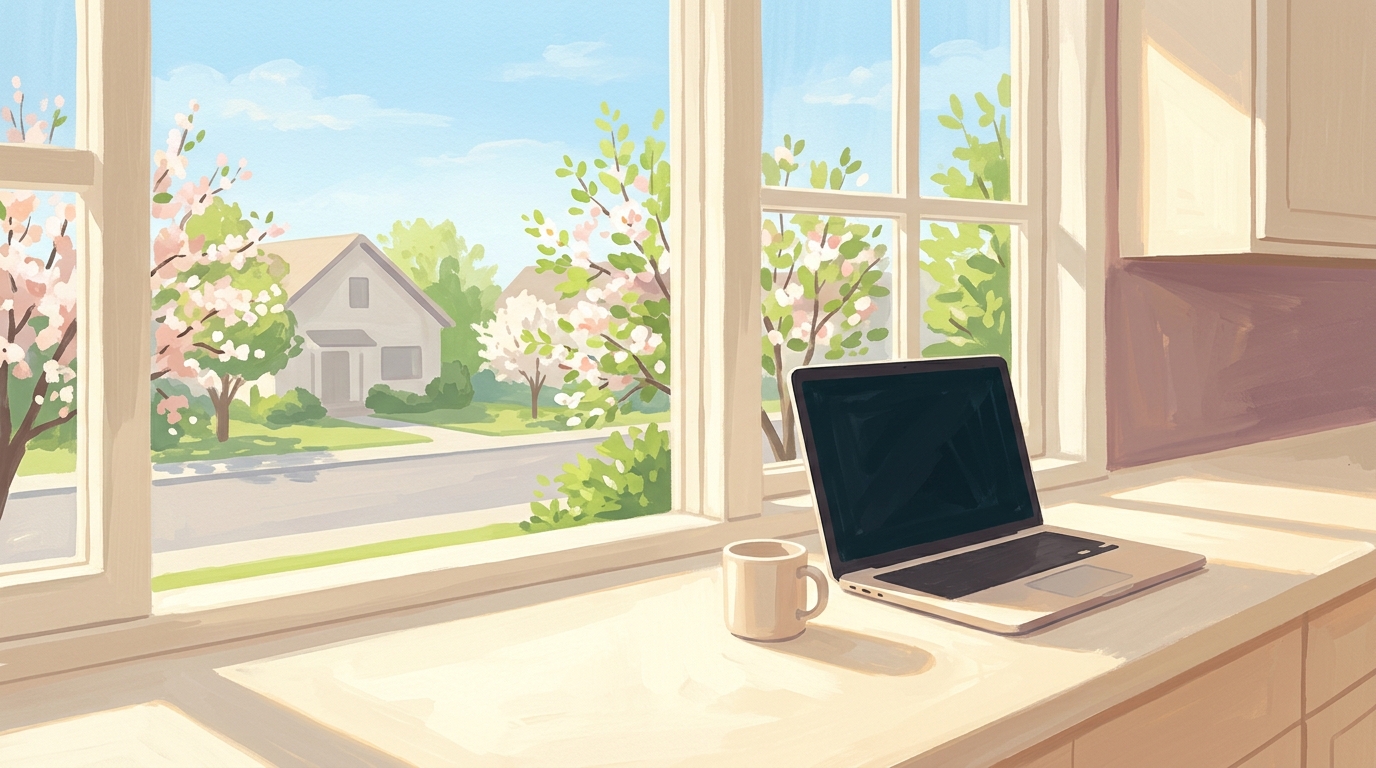 Illustration of a laptop on a kitchen counter by a window