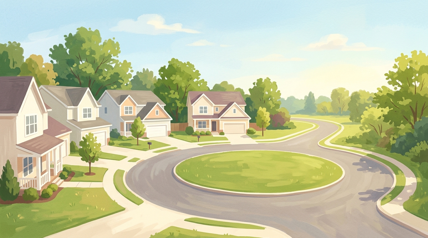 Illustration of a suburban cul-de-sac of newer houses