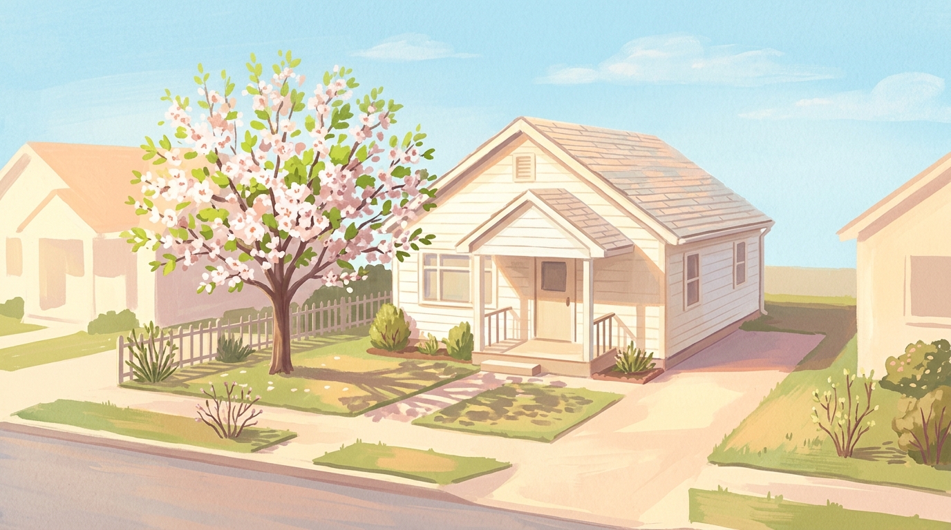 Illustration of a small starter house with a single tree in spring