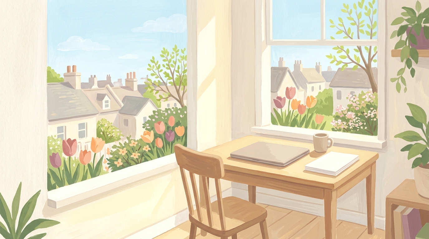 Illustration of a home desk with a closed laptop by a window over rooftops