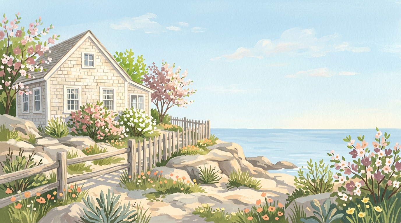 Illustration of a shingled cottage on a rocky shore in spring