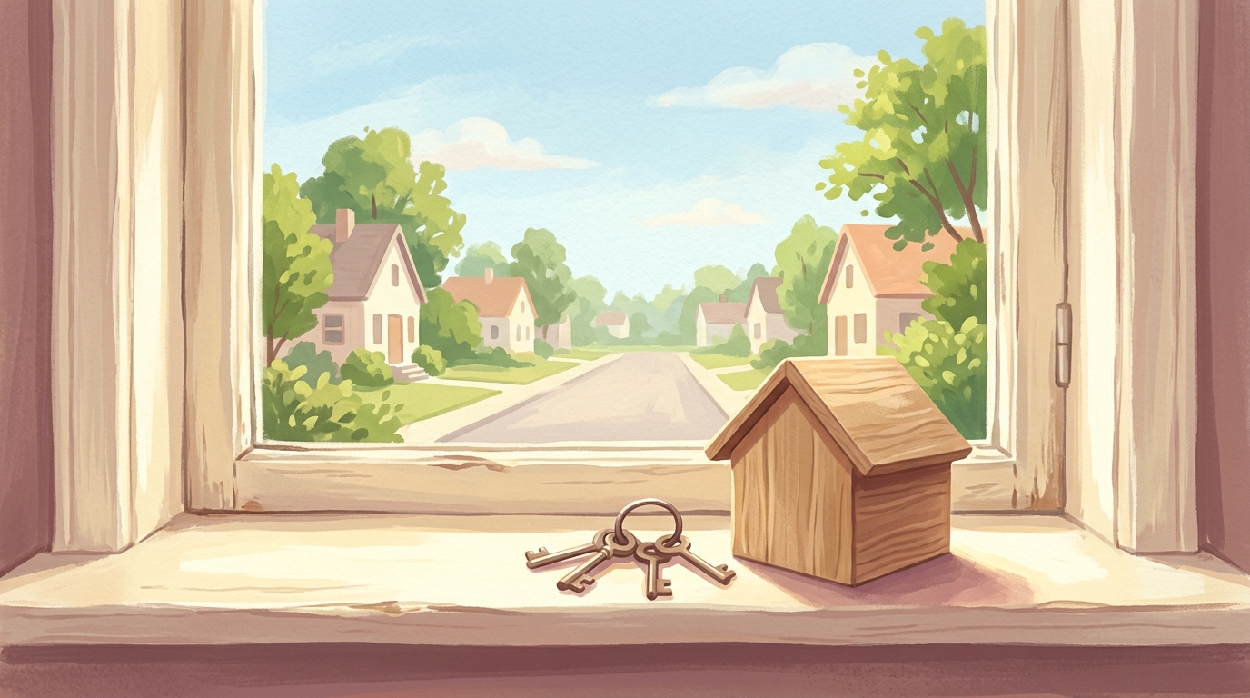 Illustration of a small model house and a ring of keys on a windowsill