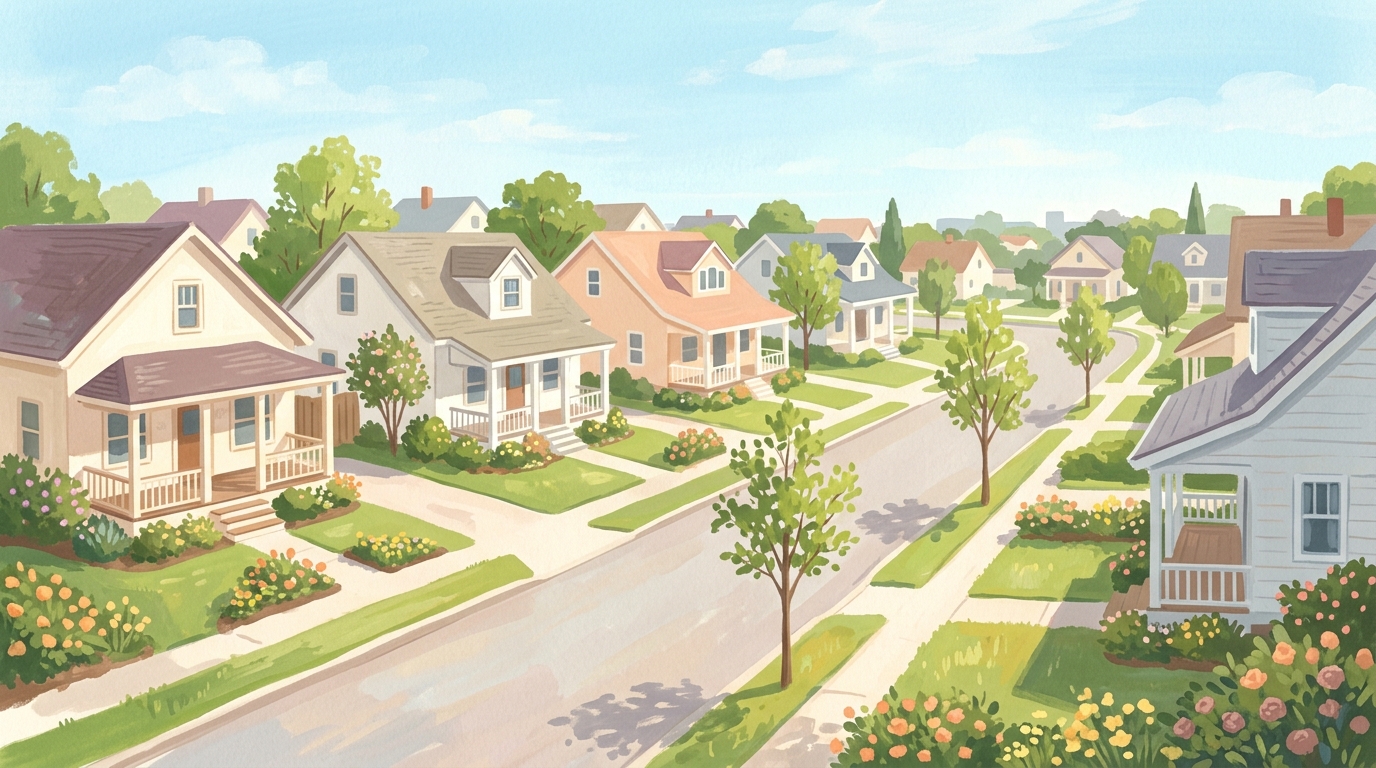 Illustration of a quiet street of modest houses with porches