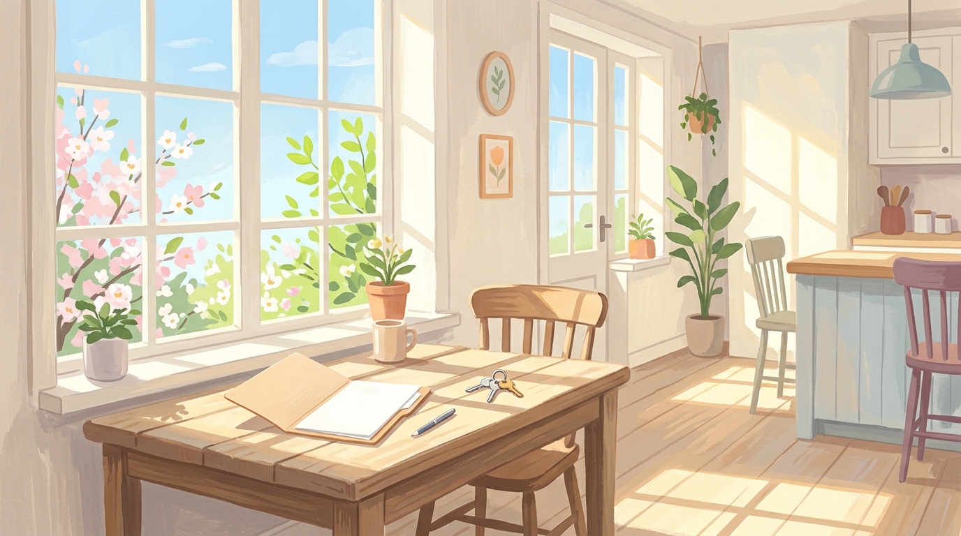 Illustration of a kitchen table with blank papers and house keys by a window