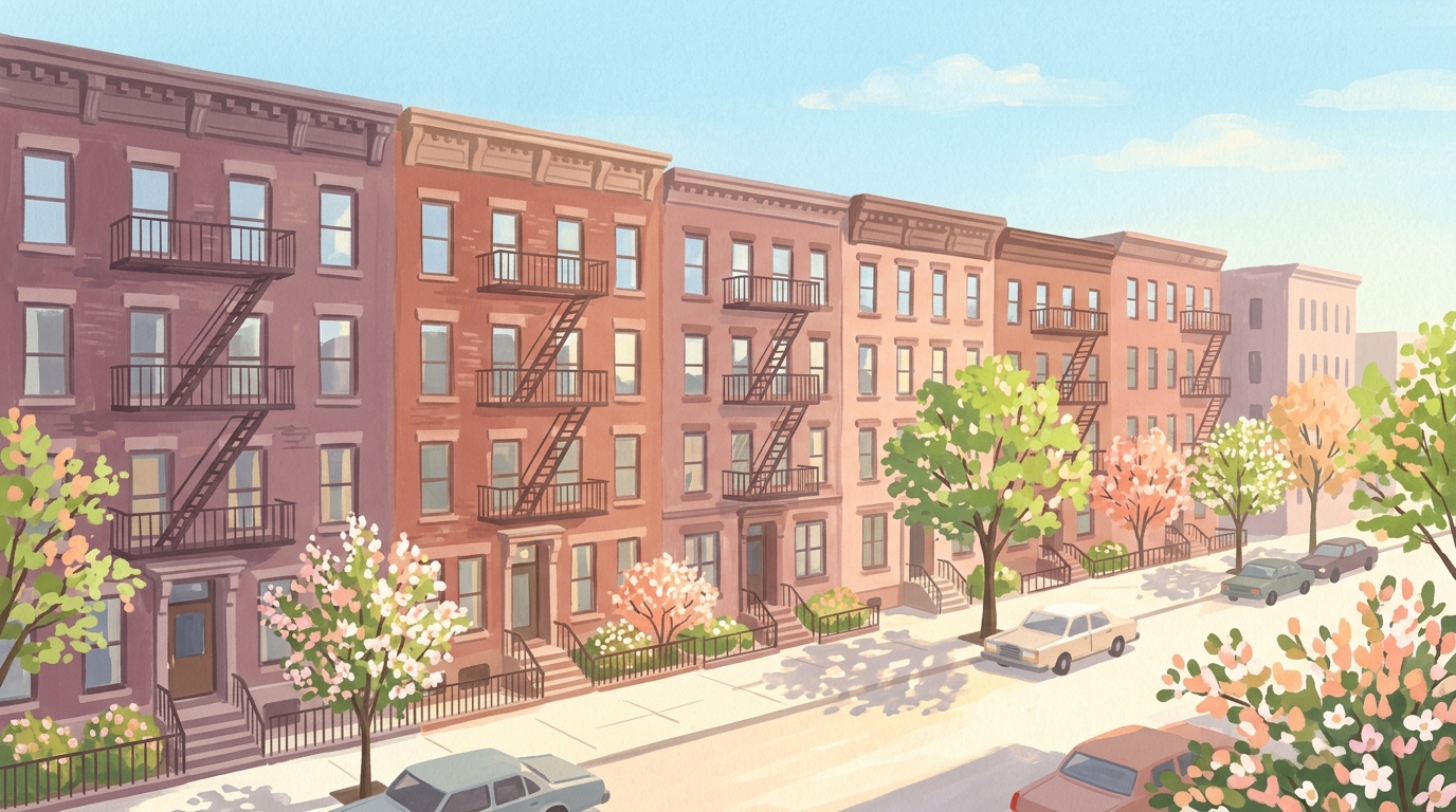 Illustration of brick walk-up apartments with fire escapes in spring