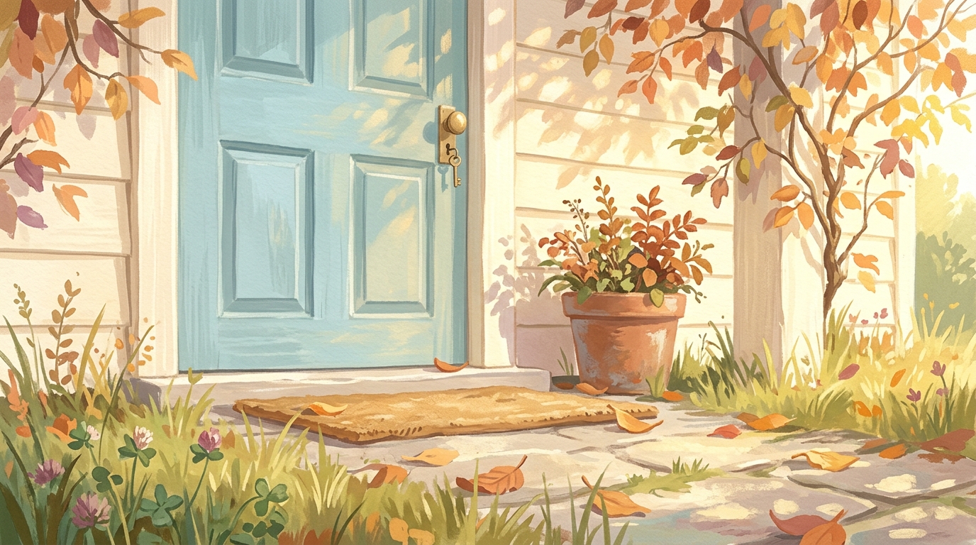 Illustration of a front door with a key in the lock
