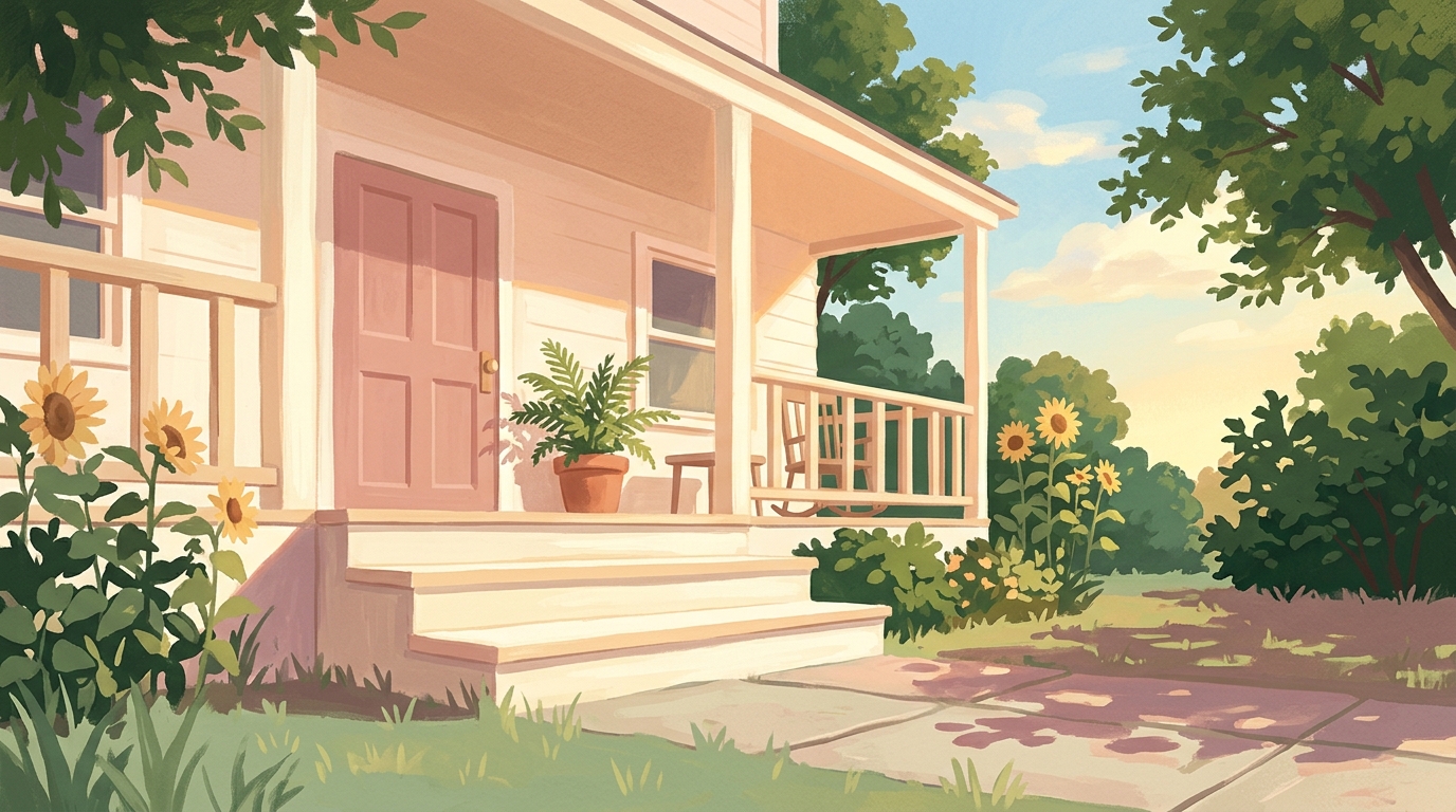 Illustration of the swept porch of a freshly painted house