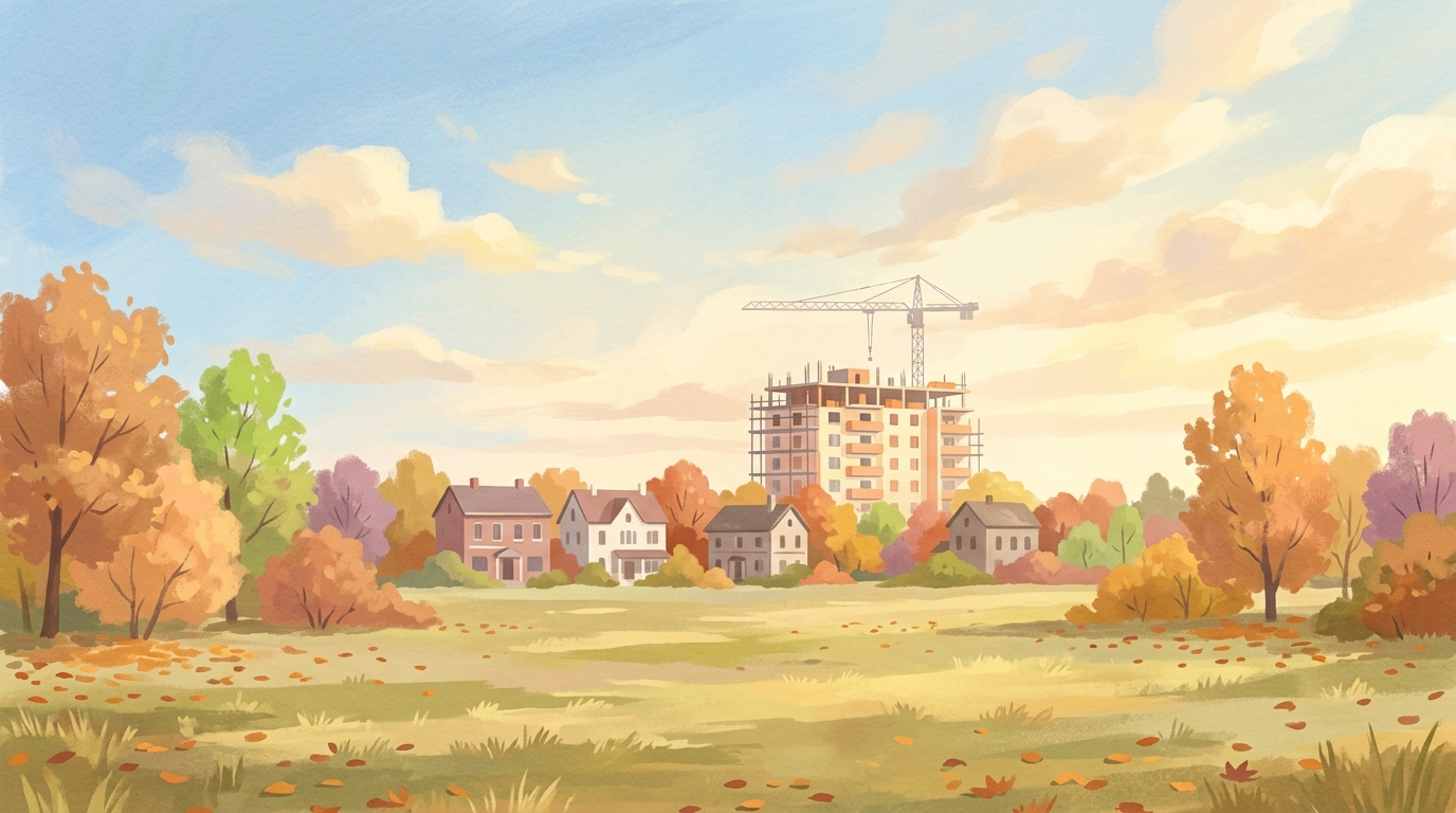 Illustration of an apartment building going up behind older houses