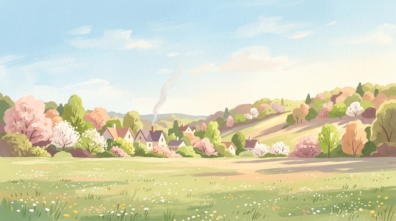 Illustration of houses tucked into wooded hills in spring