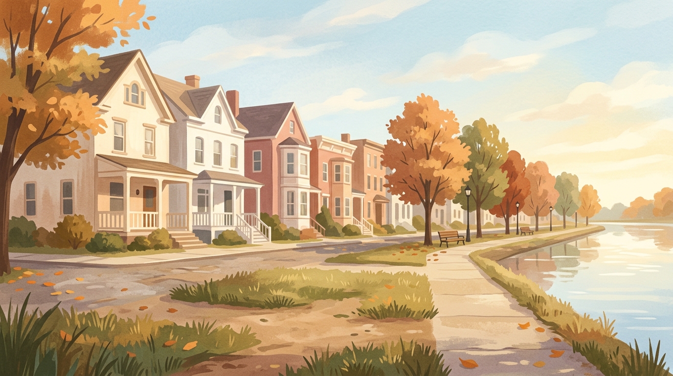 Illustration of townhouses facing a calm river