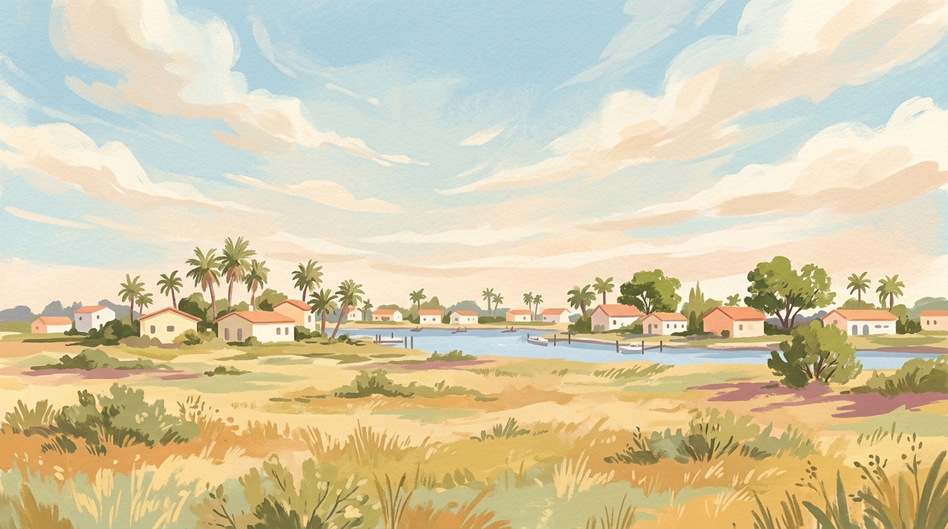 Illustration of low houses with palm trees along a canal