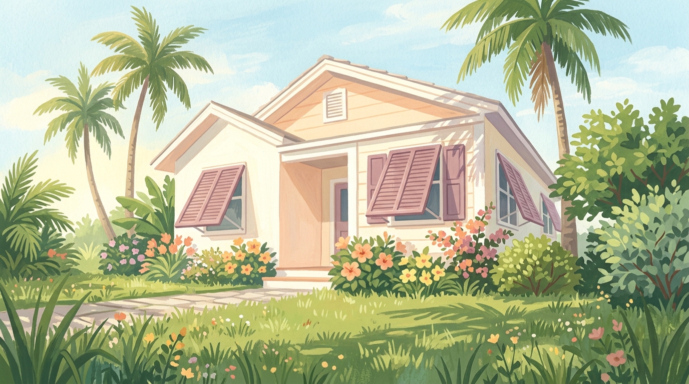 Illustration of a small pastel bungalow with its shutters folded open