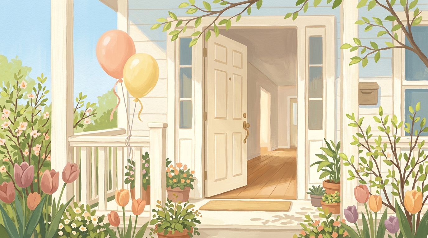 Illustration of an open front door onto an empty entry hall in spring