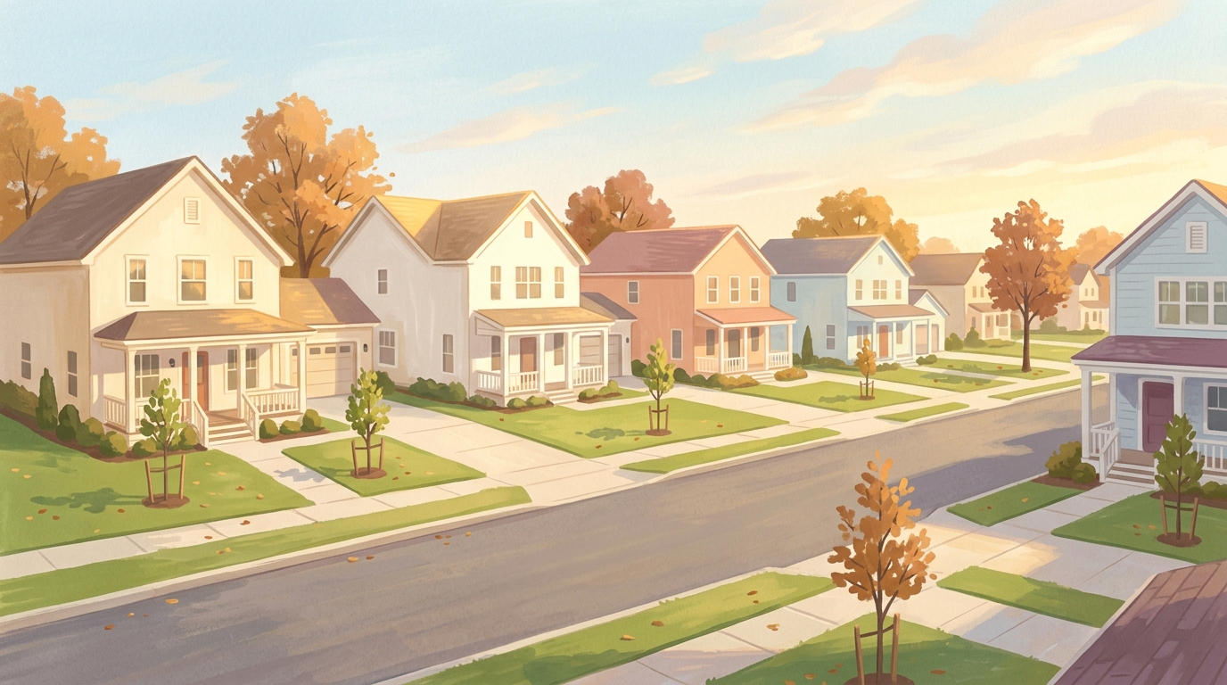Illustration of a street of newly finished houses with young trees