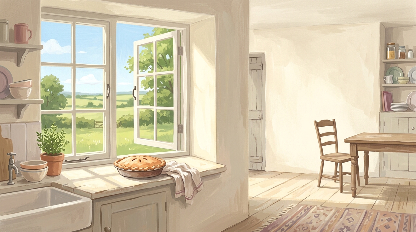 Illustration of a farmhouse kitchen window looking over fields