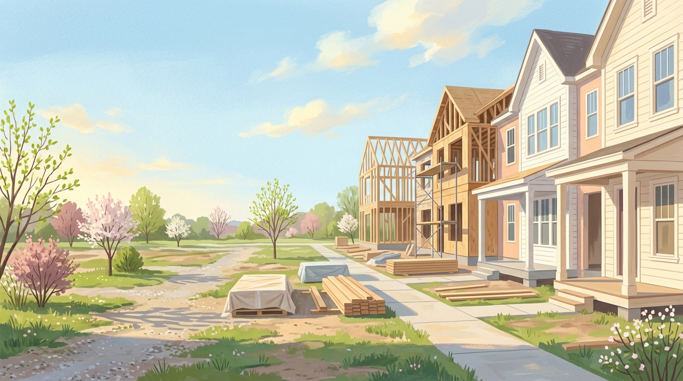 Illustration of a row of townhouses partly built in spring