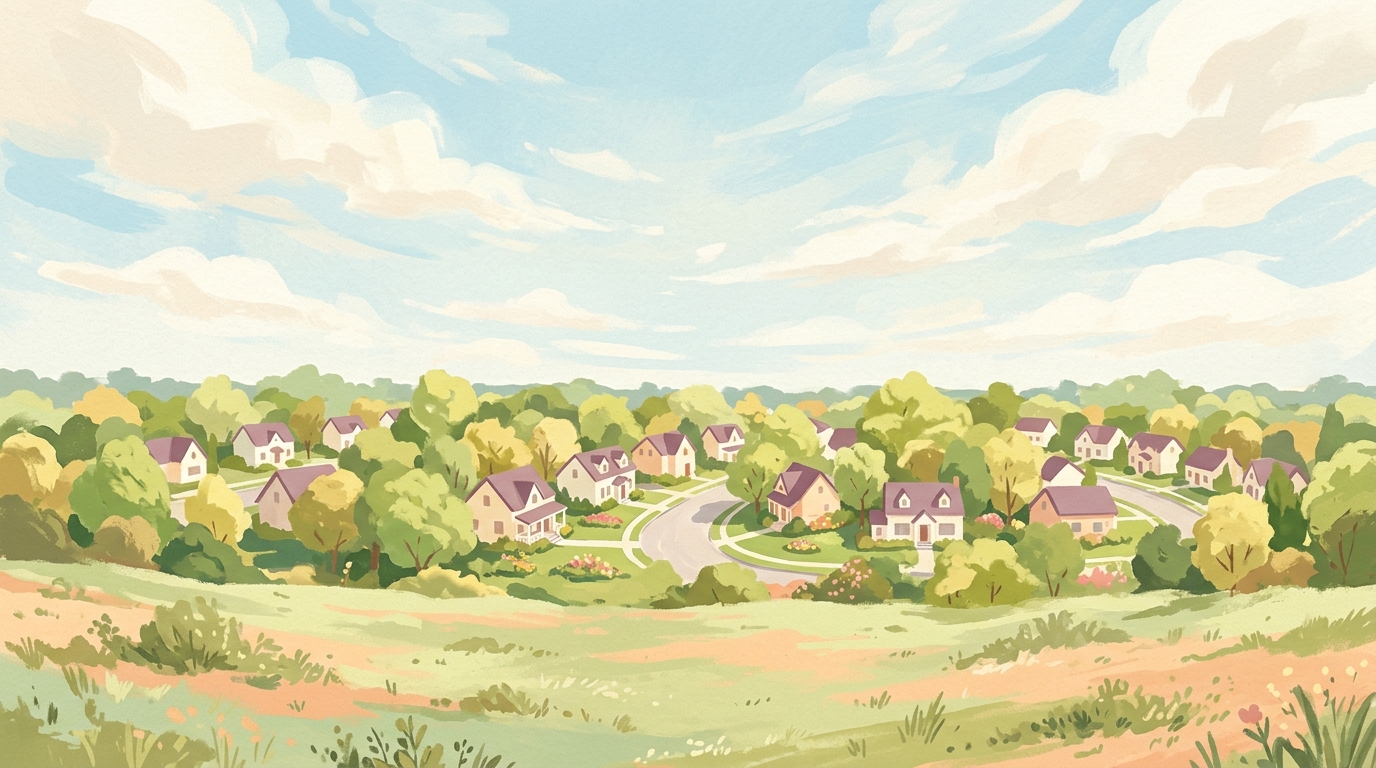 Illustration of a curving suburban street of similar houses