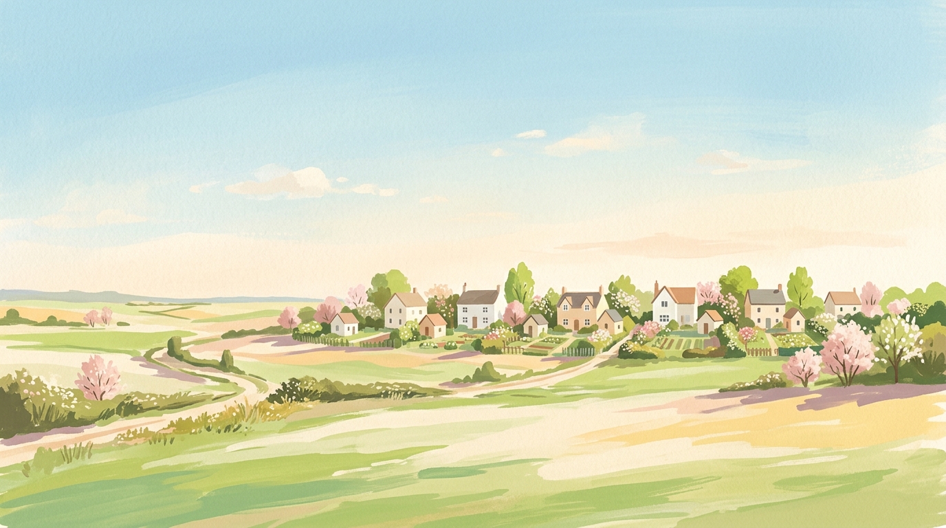 Illustration of houses with small backyard cottages in spring