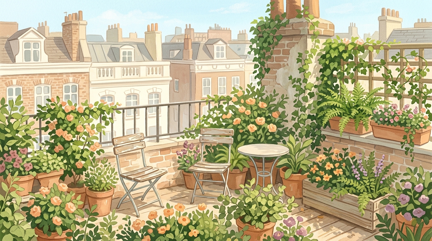 Illustration of a rooftop terrace with plants and chairs