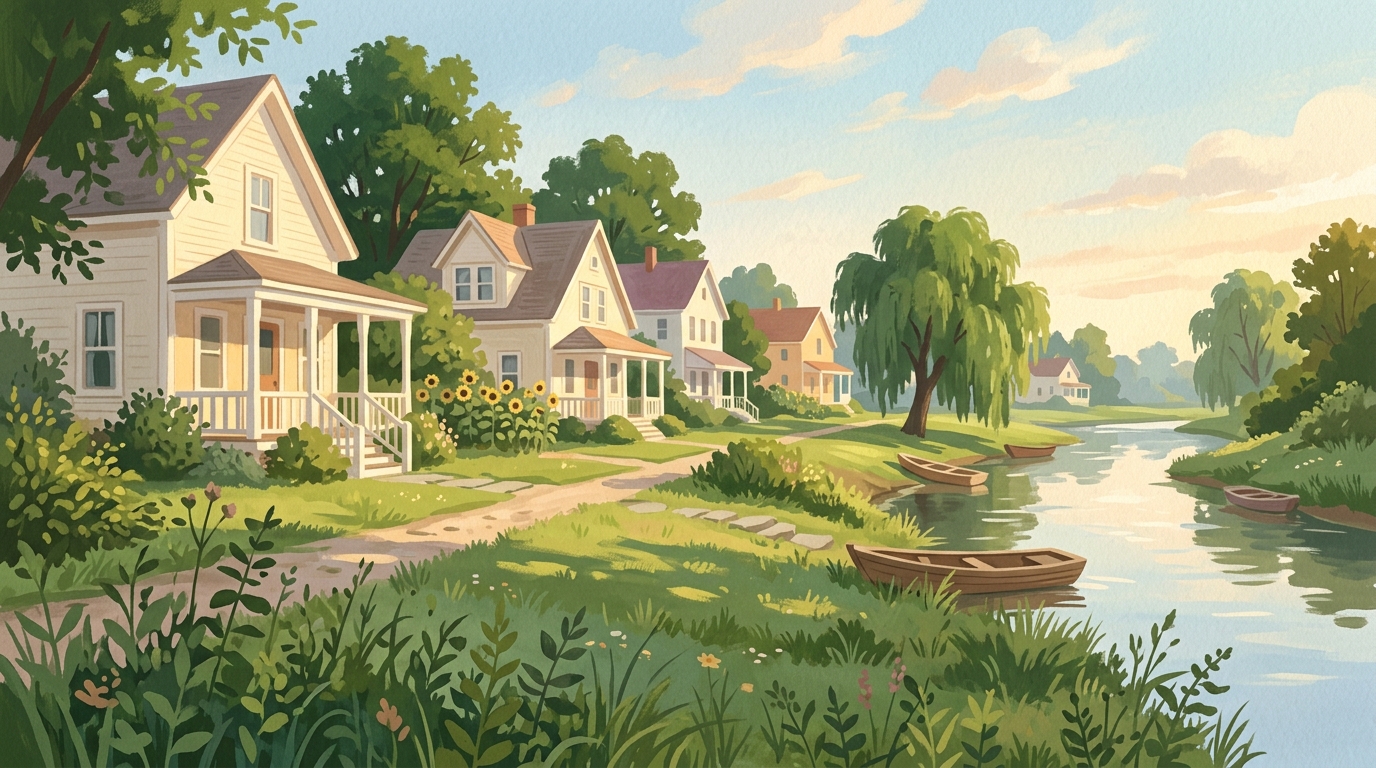 Illustration of small-town houses along a quiet river