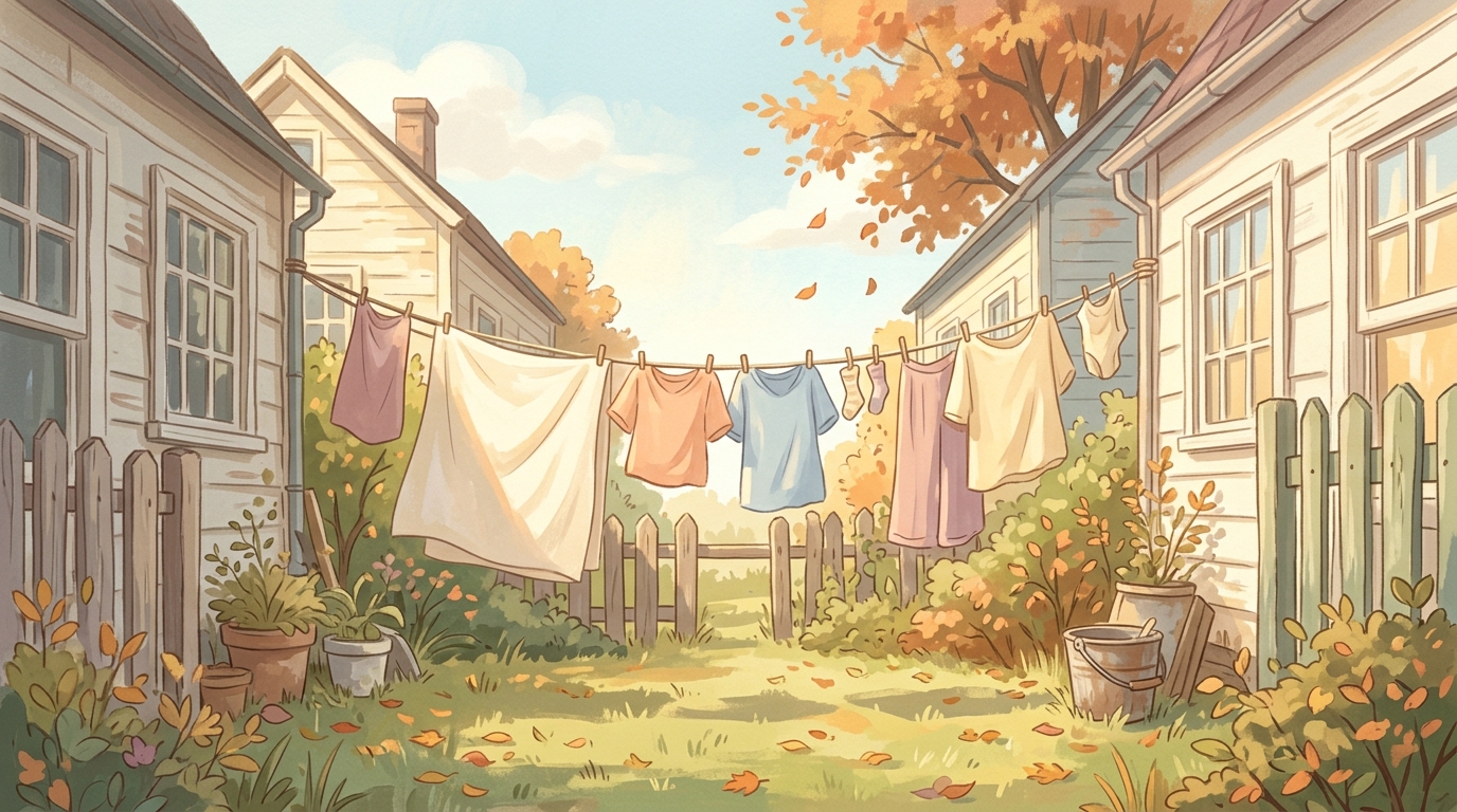 Illustration of a laundry line in a narrow backyard