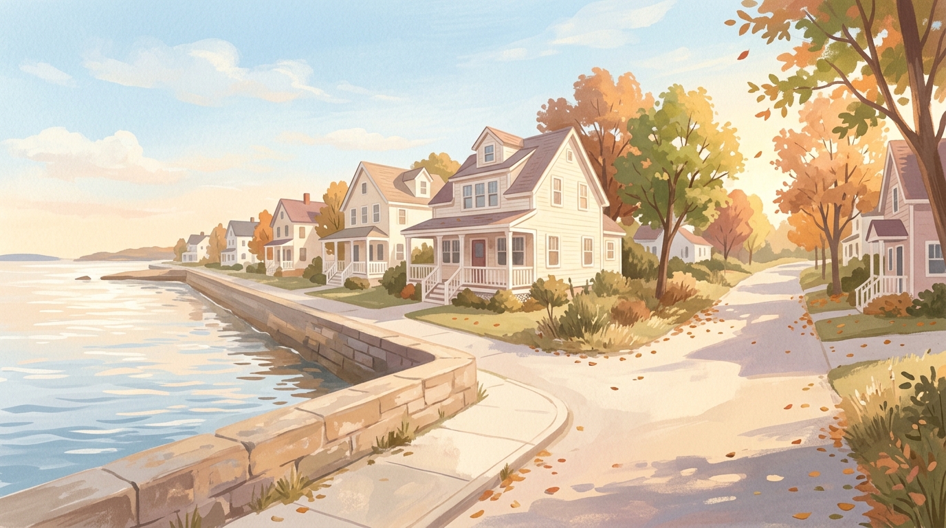 Illustration of a seawall in front of a row of houses