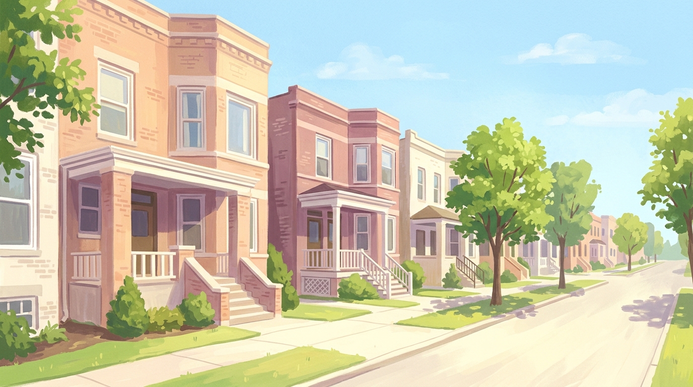 Illustration of brick two-flat buildings on a city street