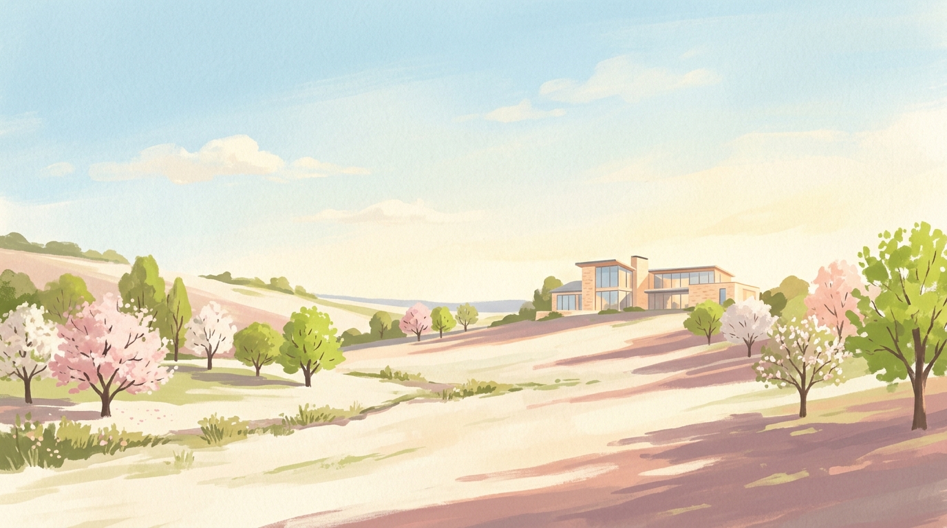 Illustration of a large modern house on a hillside in spring