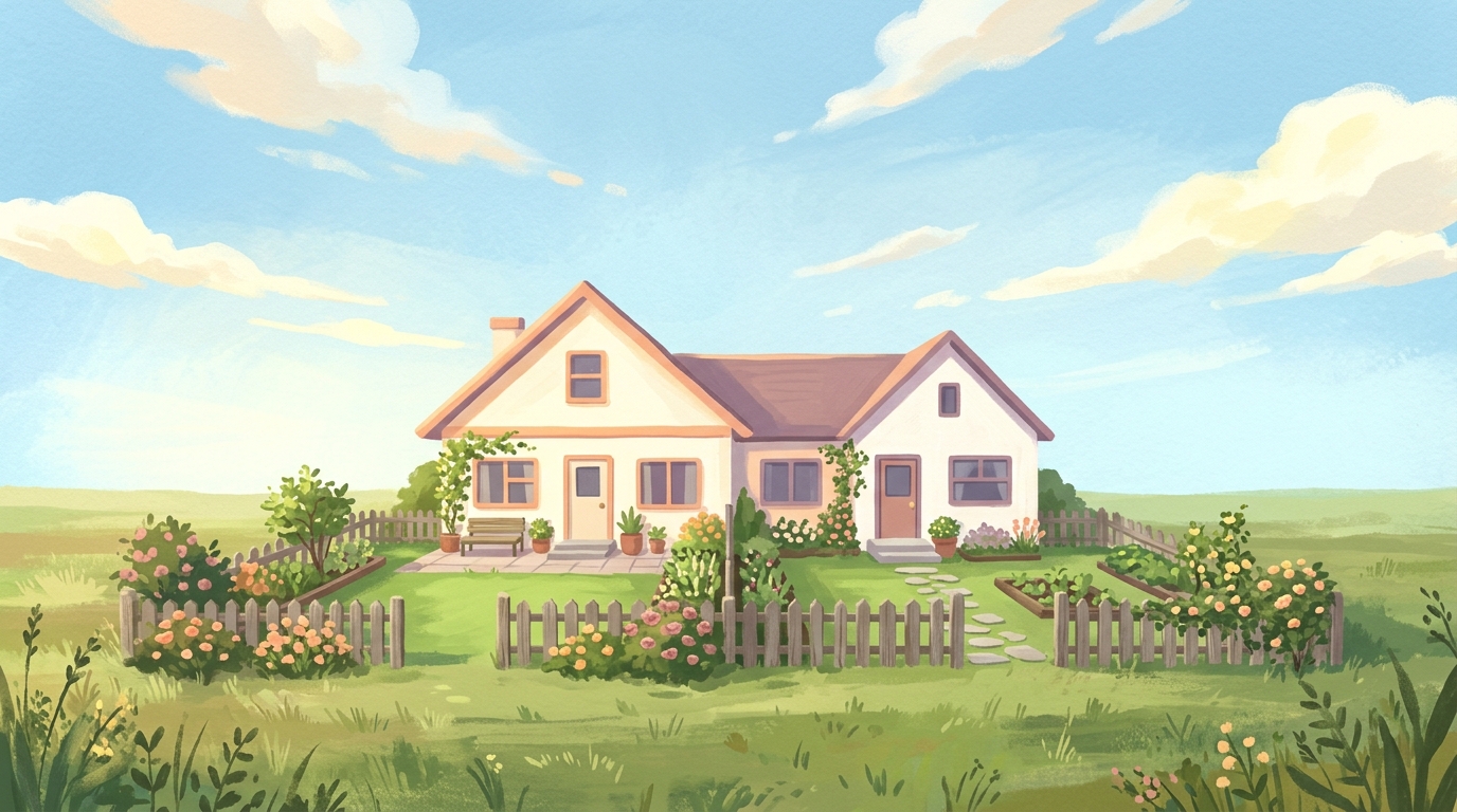 Illustration of a duplex backyard with two small gardens