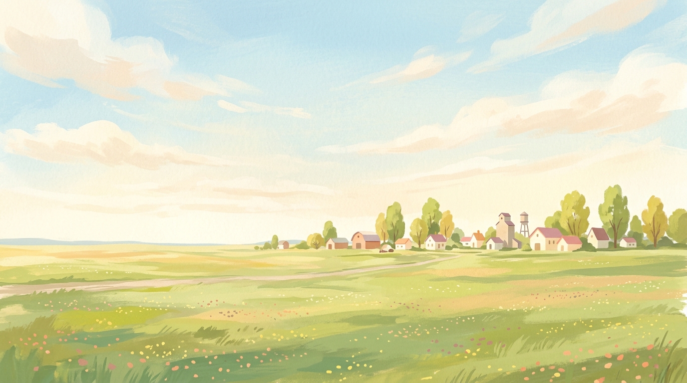 Illustration of a small prairie town under a wide sky
