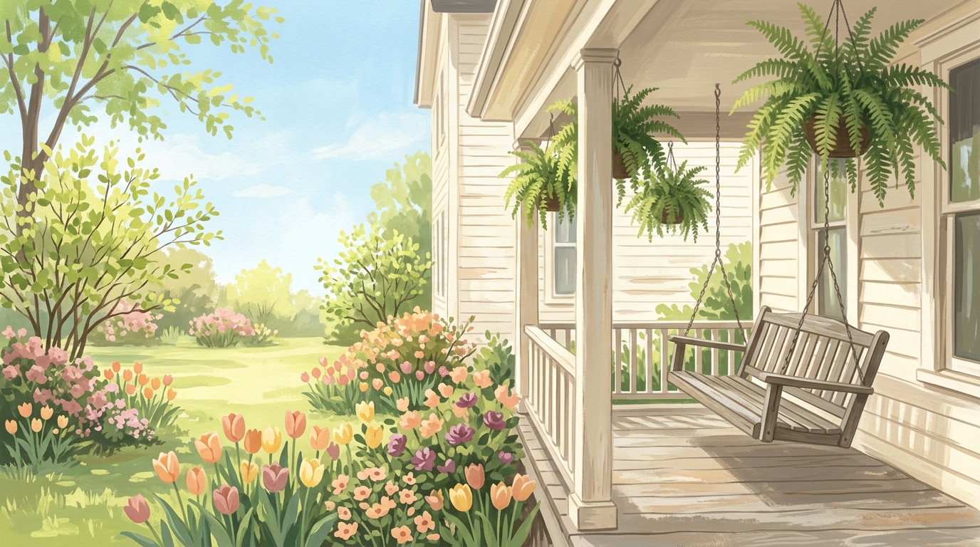 Illustration of a porch swing on the deep porch of an old house in spring