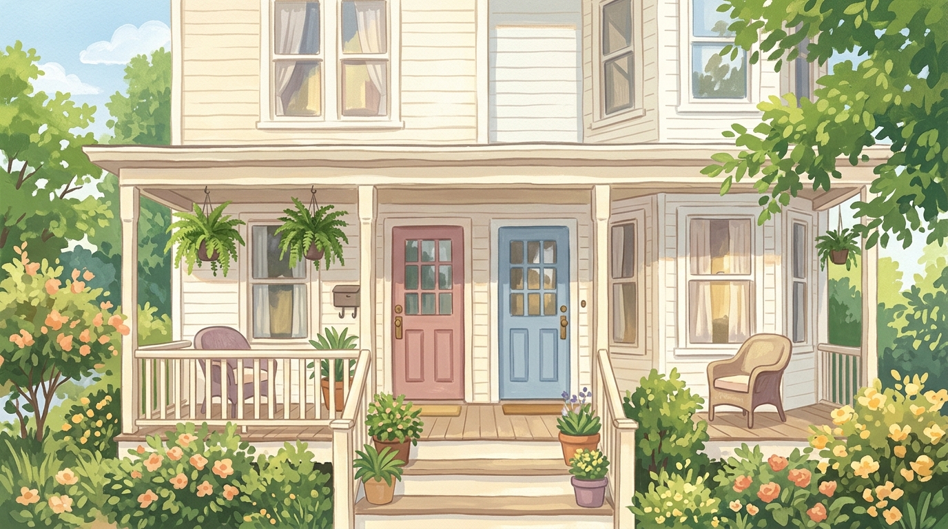 Illustration of a two-family house with two front doors on a shared porch