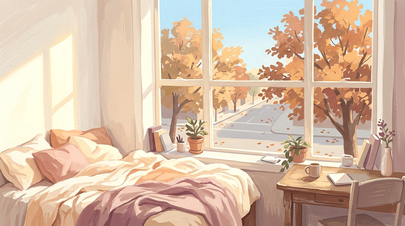 Illustration of a small studio apartment with a big window