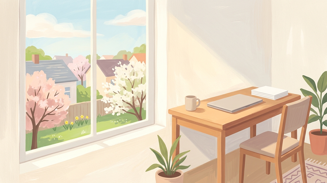 Illustration of a home desk with a closed laptop by a window over rooftops