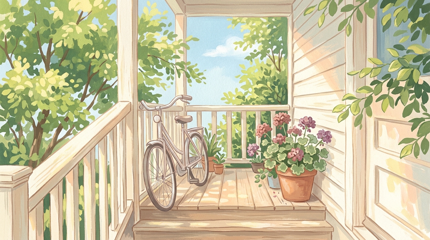 Illustration of a bicycle leaning on a small porch rail