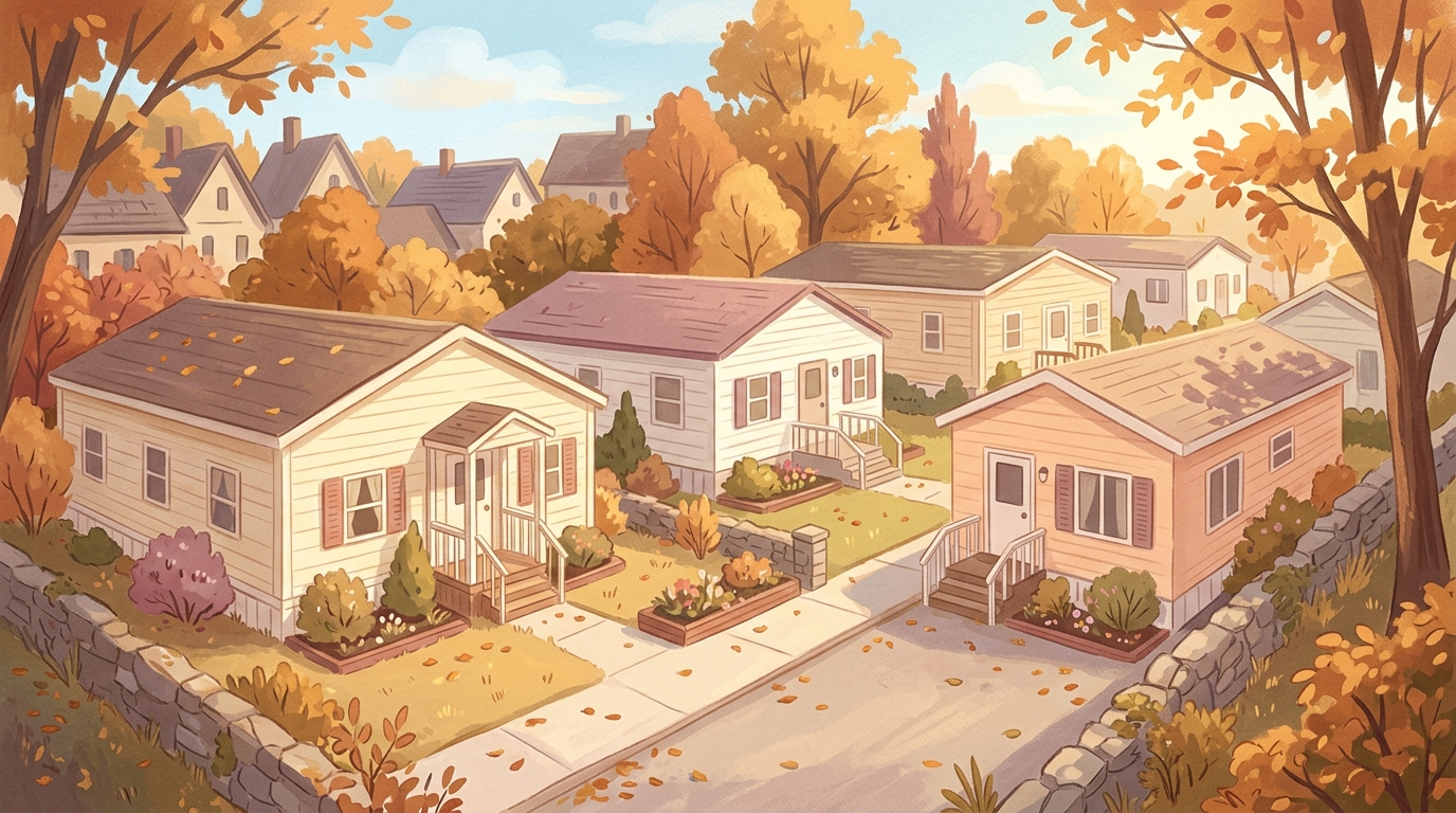 Illustration of a row of manufactured homes with small porches