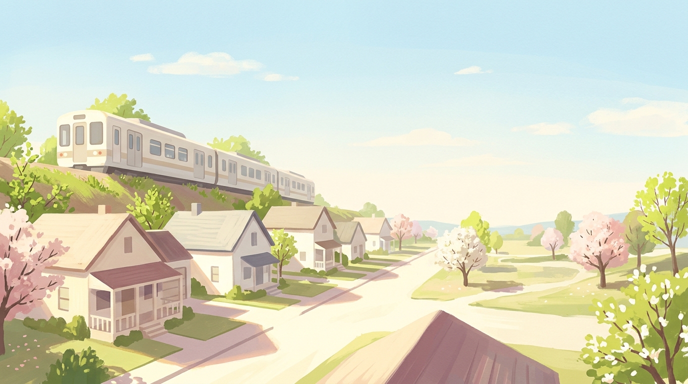 Illustration of a commuter train passing behind a row of houses in spring