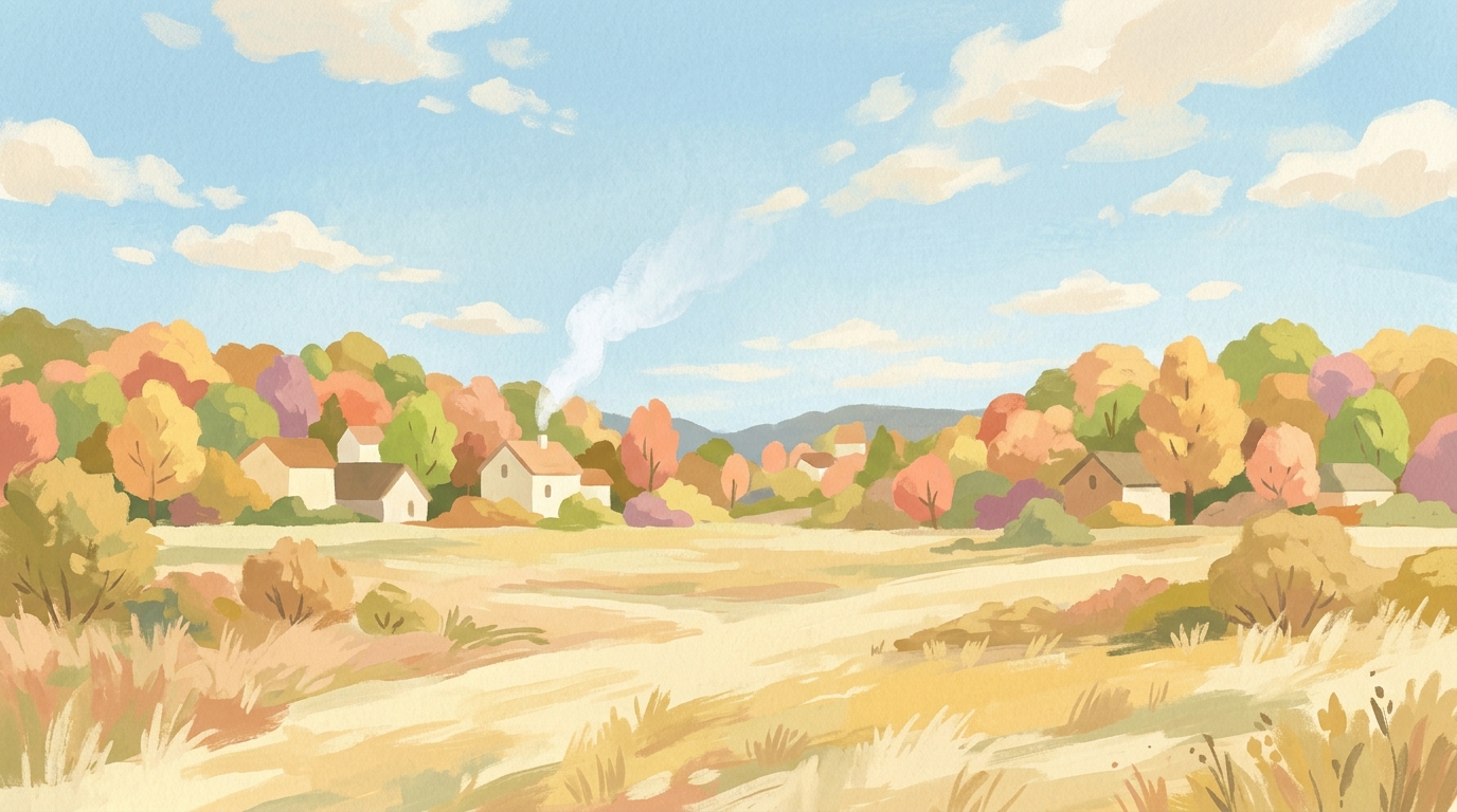 Illustration of houses tucked into wooded hills