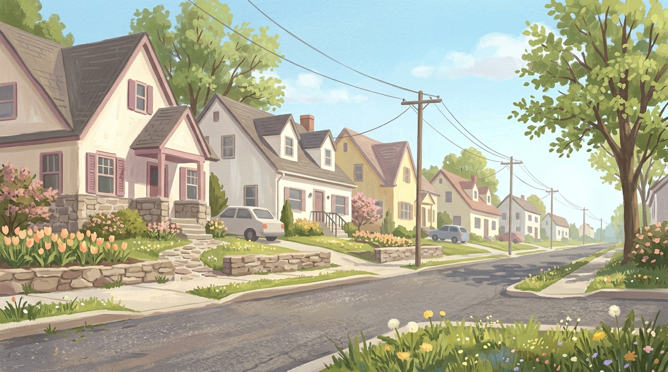 Illustration of a row of modest houses with cars in the driveways in spring