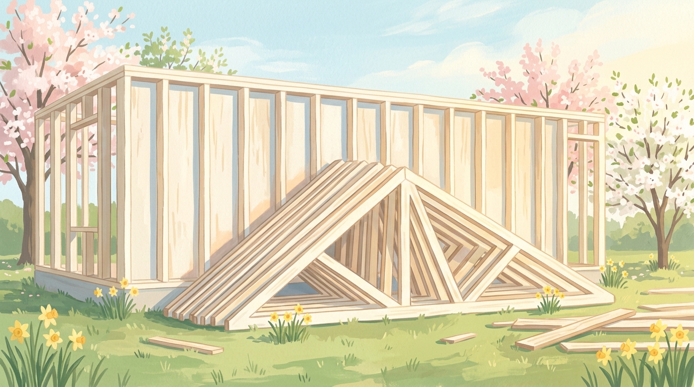 Illustration of roof trusses against a framed wall in spring