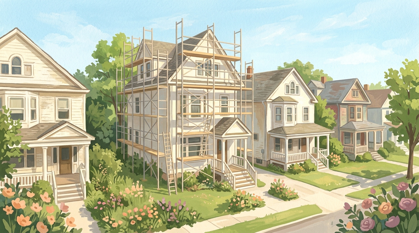 Illustration of a narrow house in scaffolding on an older street