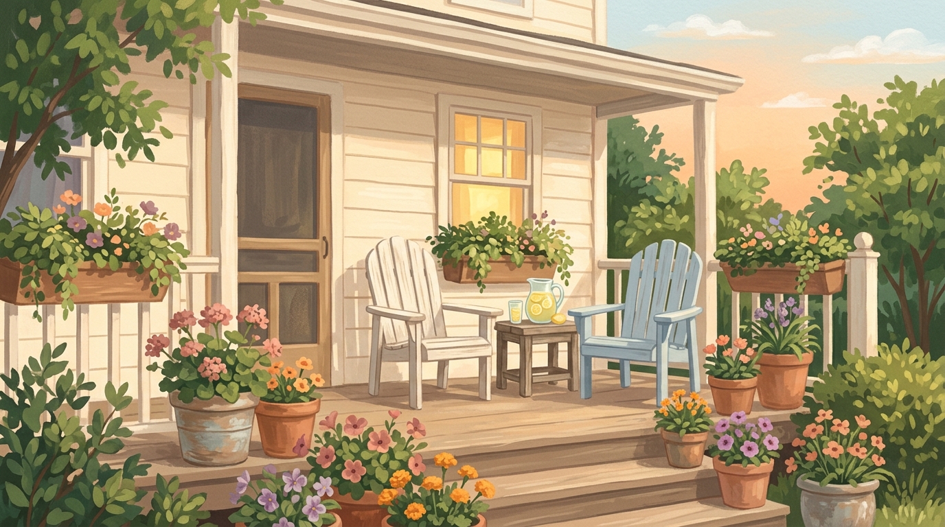 Illustration of two chairs and a small table on a front porch at dusk