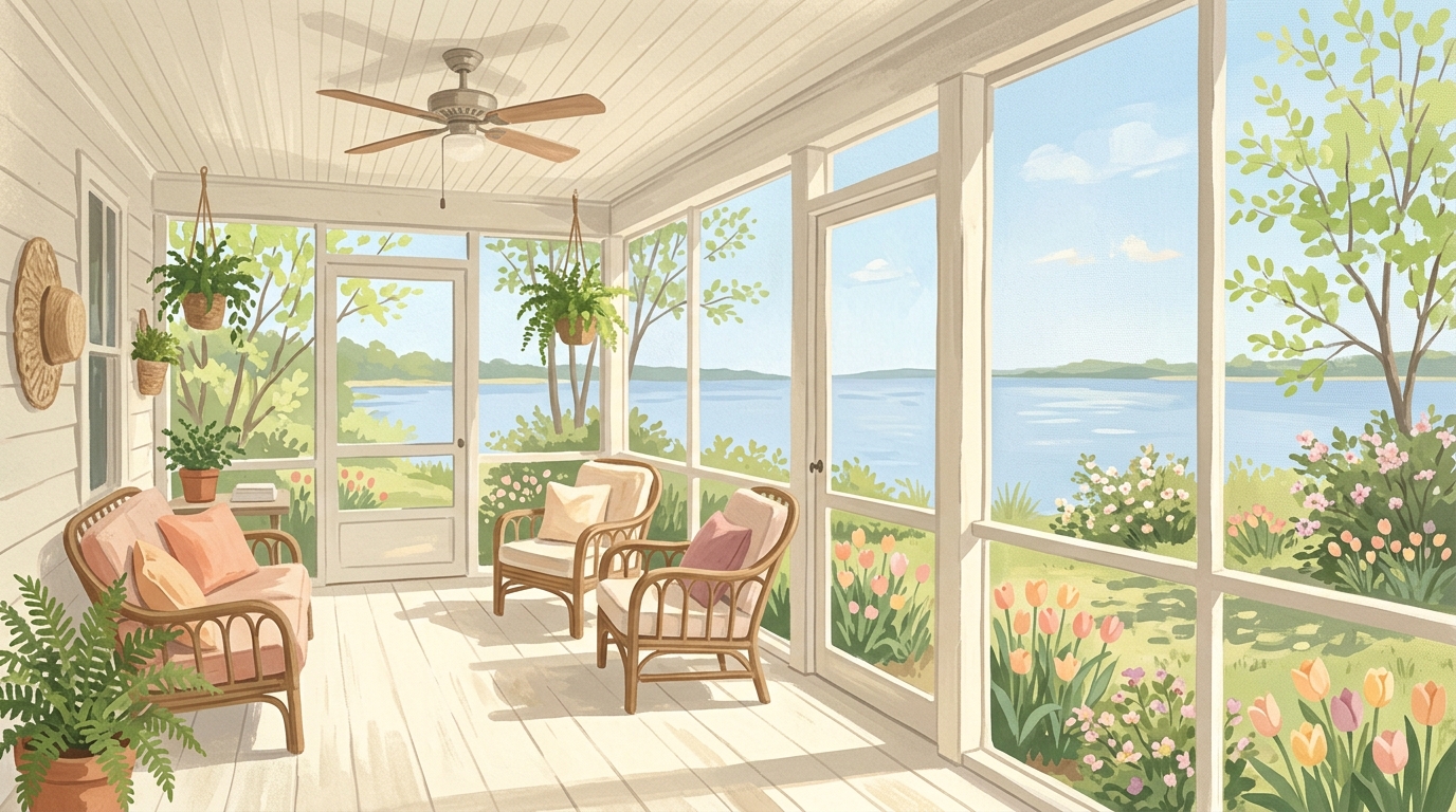 Illustration of a screened porch looking out on a calm bay