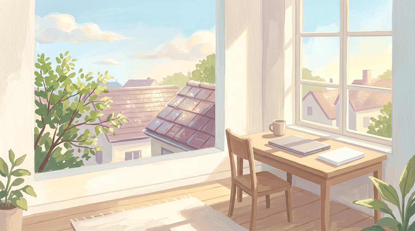 Illustration of a home desk with a closed laptop by a window over rooftops
