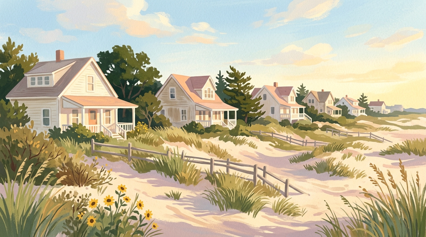Illustration of beach houses behind low dunes