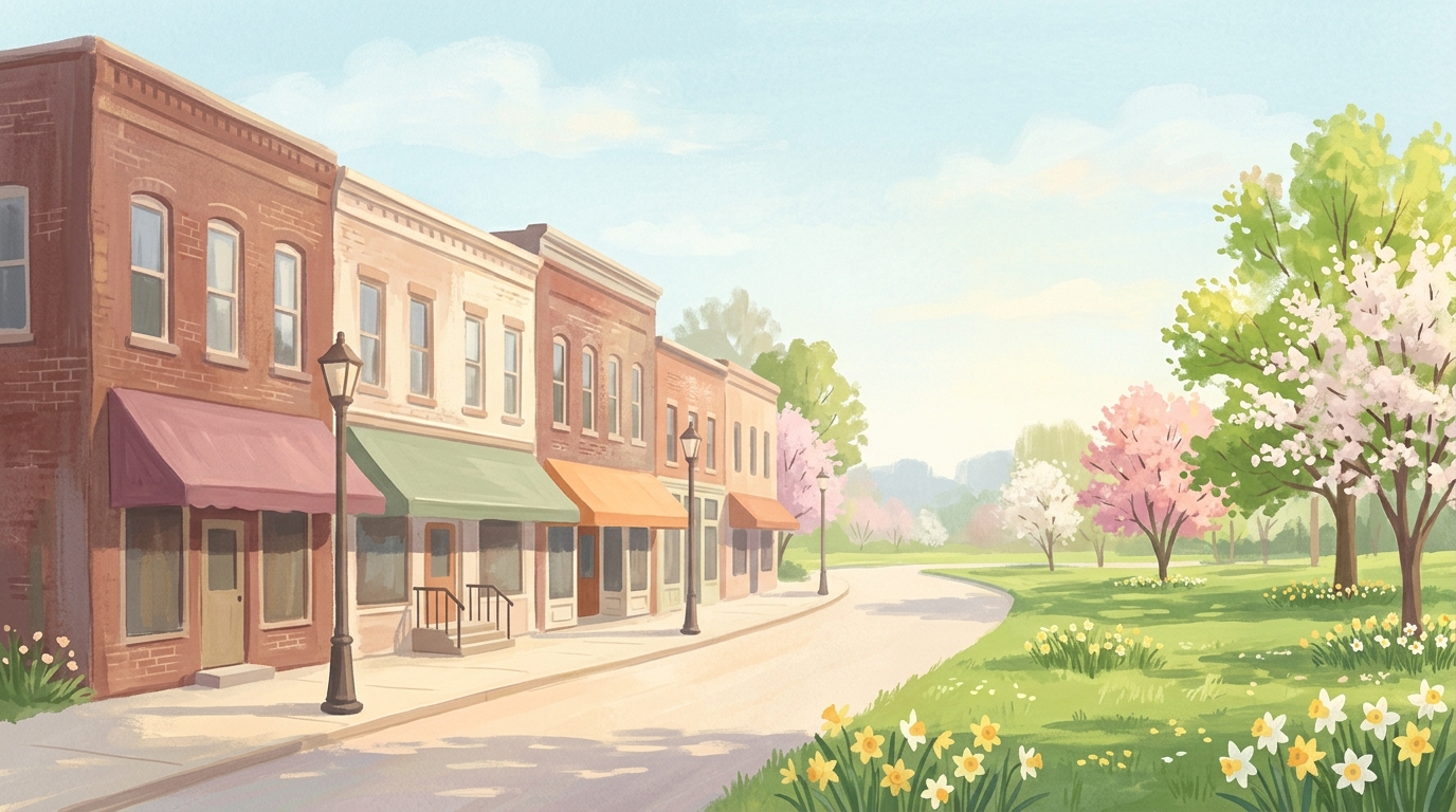Illustration of a small-town main street of brick buildings in spring