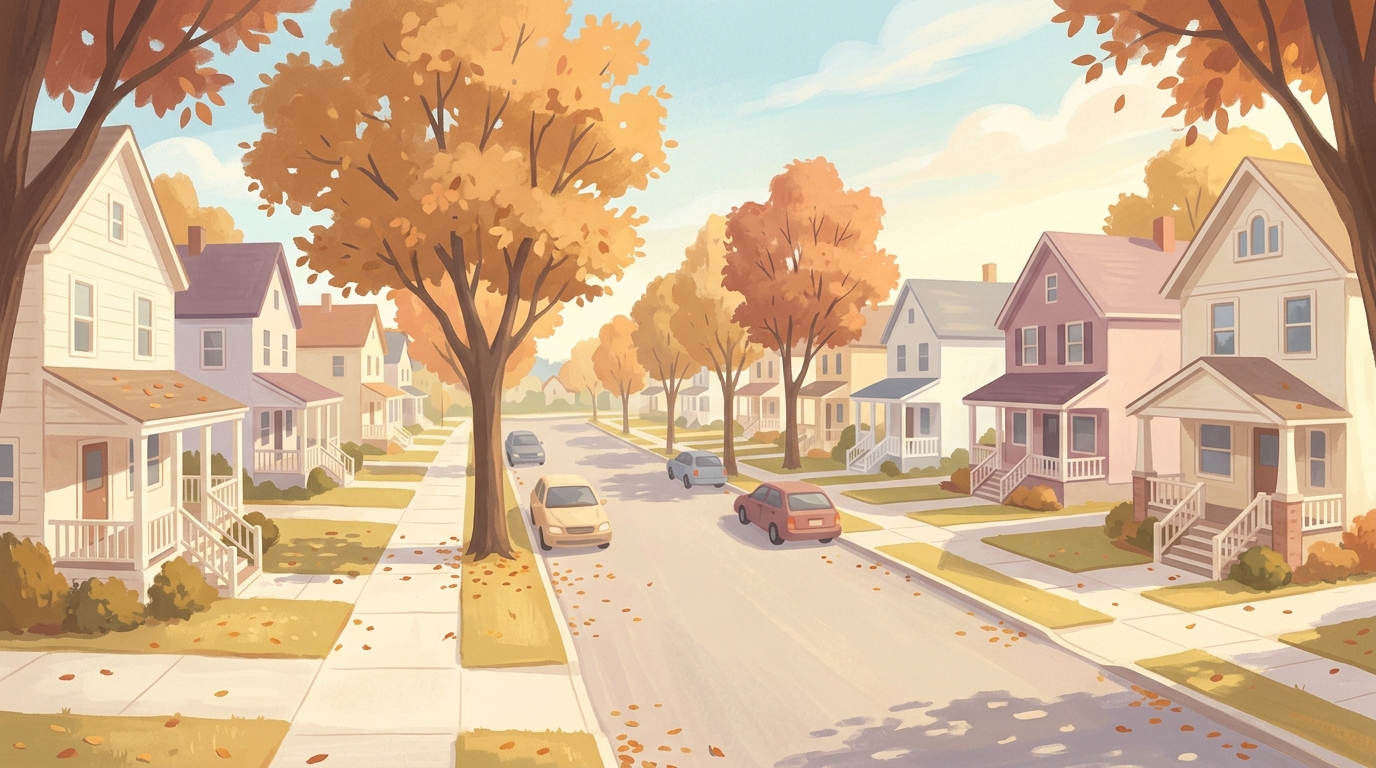 Illustration of a tree-lined avenue of houses and duplexes