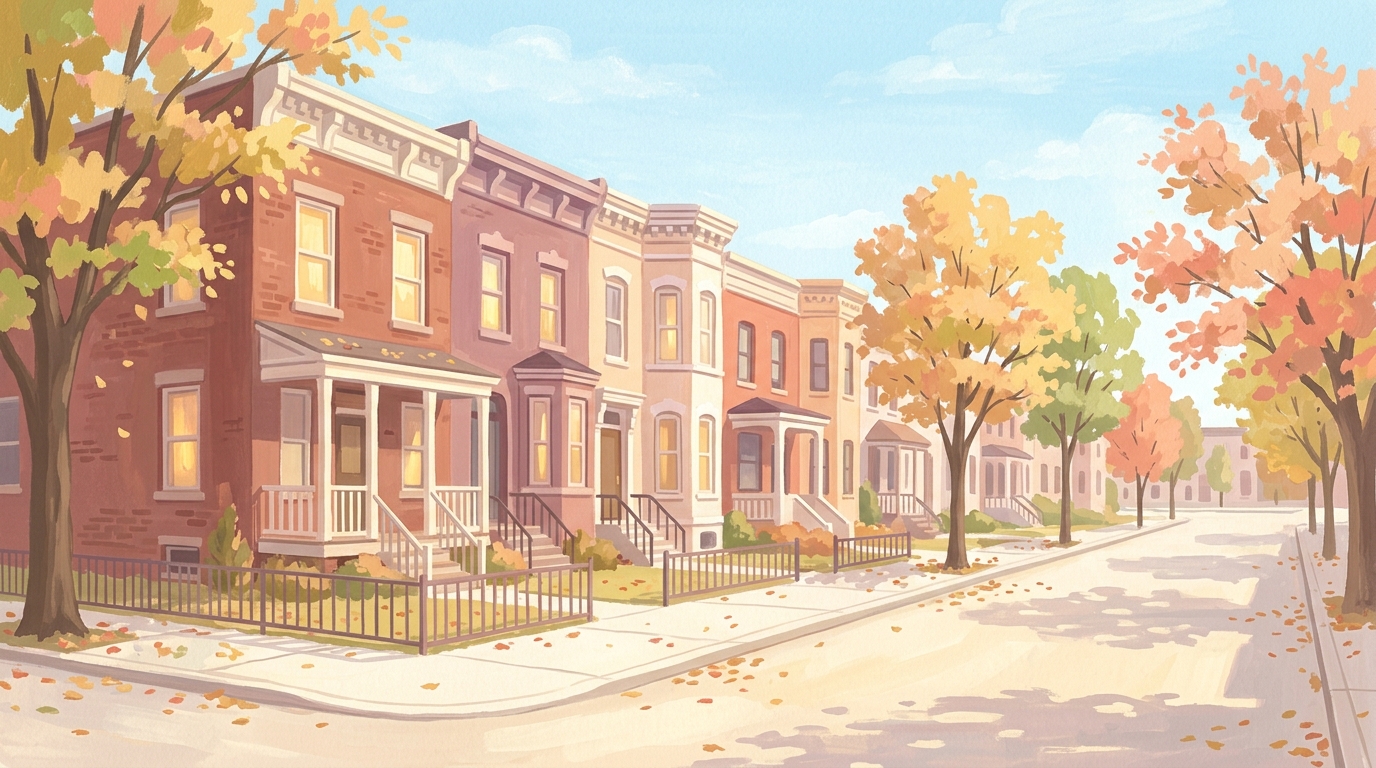 Illustration of brick townhouses with lit windows along a quiet street
