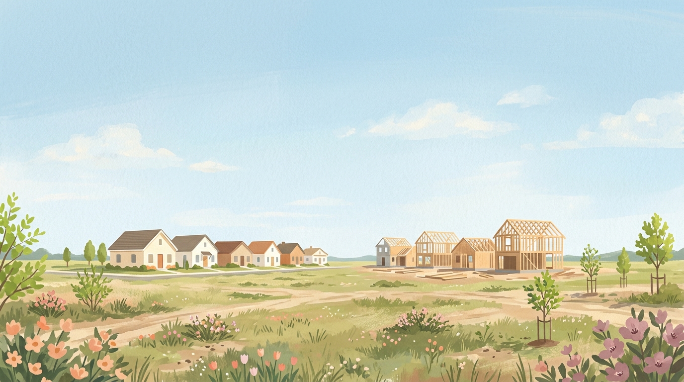 Illustration of a new subdivision with finished and framed houses in spring